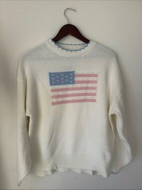 American Flag Crewneck Sweater with Pastel Pink & Blue Lace Motif, NWT
